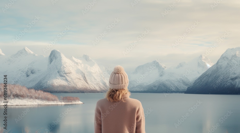 Fototapeta premium a woman looking towards the mountains and lake,