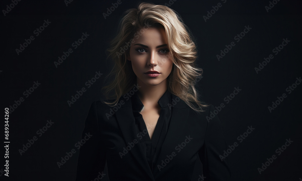 a woman poses in a business suit against a dark background,