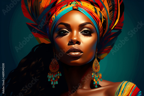 African woman elegantly adorned in a traditional headdress, Black History Month