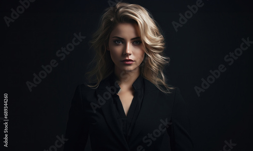 a woman poses in a business suit against a dark background 