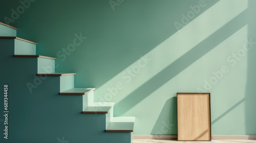 a wooden staircase with a green poster near the stairs 