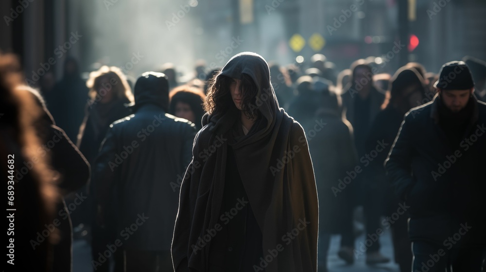 An image of a busy city street and a mysterious figure in a hooded cloak. An image of a busy city street and a mysterious figure in a hooded cloak.