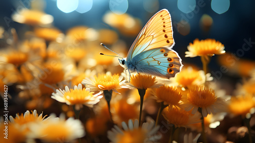 Cheerful buoyant spring summer shot of yellow Santolina flowers and butterflies in meadow in nature outdoors on bright sunny day, macro. Soft selective focus © UseeIvan