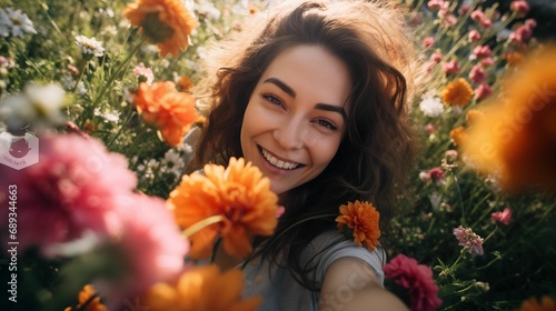 A woman takes a selfie surrounded by a field of bright flowers.