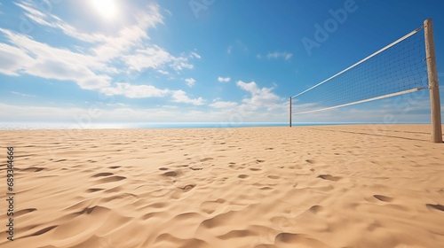 An empty beach volleyball court bathed in soft sunlight. photo