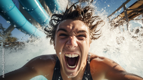 A happy person riding on the water slide in the waterpark. ai generative