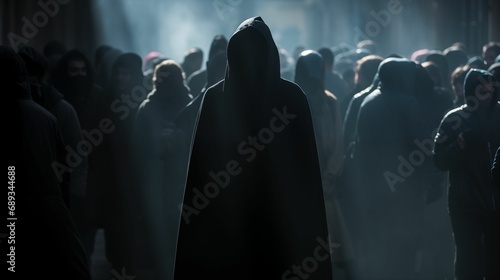 An image of a busy city street and a mysterious figure in a hooded cloak. photo