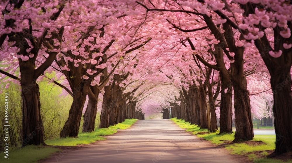 A peaceful country road lined with cherry trees in full bloom.