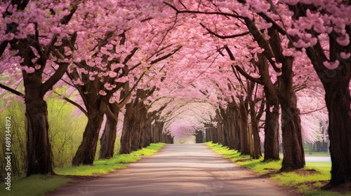 A peaceful country road lined with cherry trees in full bloom.