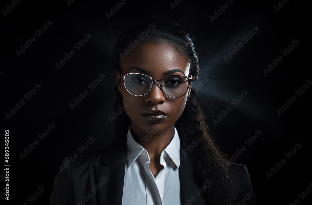 a young black woman in a suit and glasses,