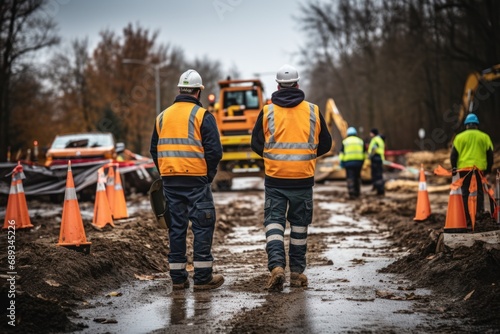 Builders and surveyors with machinery and warning signs during road construction photo