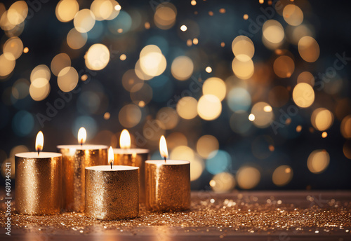New Year Golden candlelight flickering against dreamy blurred bokeh backdrops depicting soft focus warm lighting atmosphere in dramatic event tabletop photography © Charisma Art Studio