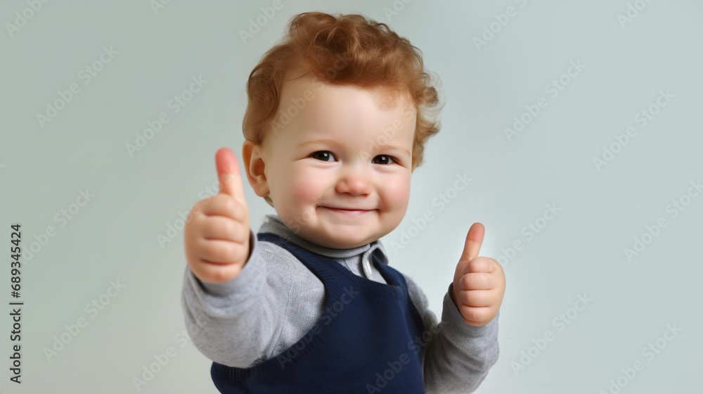 Cute cheerful smiling toddler boy with red curly hair holding his hand with thumb up in approving gesture. Creative banner for different concepts Cute cheerful smiling toddler boy with red curly hair holding his hand with thumb up in approving gesture. Creative banner for different concepts