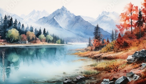 an autumn watercolor painting of a lake and mountains, © olegganko