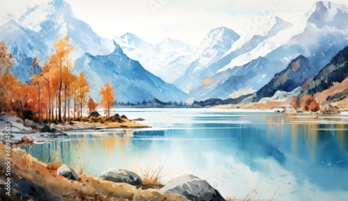 an autumn watercolor painting of a lake and mountains,