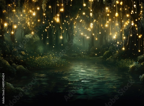 an elegant greenery background filled with gold lights,