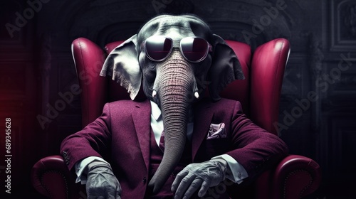 an elephant has sunglasses and a suit on as he sits in a chair,