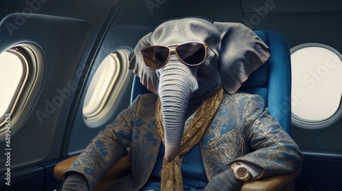 an elephant has sunglasses and a suit on as he sits in a chair,