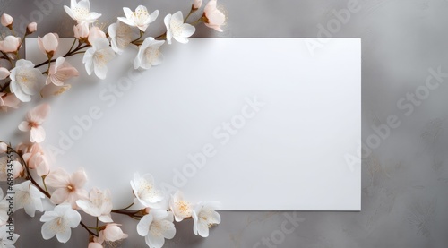 an empty paper with white flowers for wedding invitation or blank paper on gr...