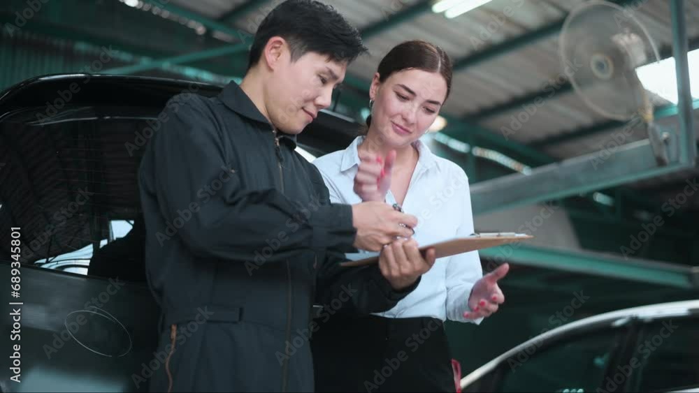 A young Caucasian woman shaking hand with mechanic man feeling happy about repair service A young Caucasian woman shaking hand with mechanic man feeling happy about repair service