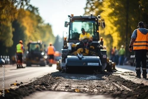 Road construction with view of two human workers beyond road machinery surfacing with asphalt