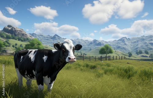 black and white cow in green field with mountains,
