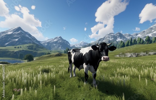 black and white cow in green field with mountains,