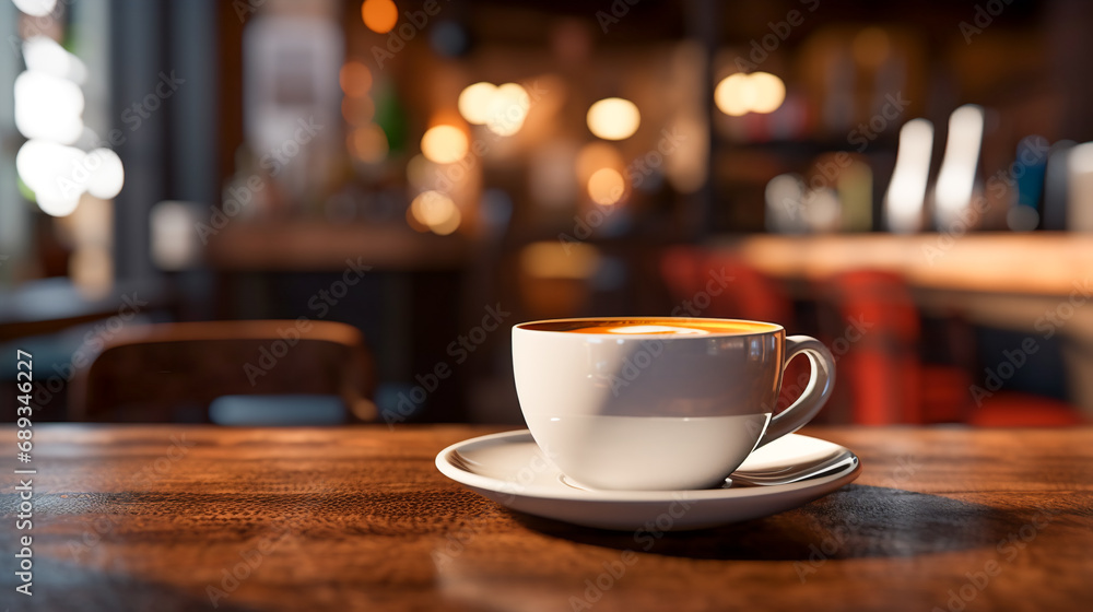 Cup of freshly brewed coffee with cream on table in a cafe. Cozy tranquil atmosphere Cup of freshly brewed coffee with cream on table in a cafe. Cozy tranquil atmosphere