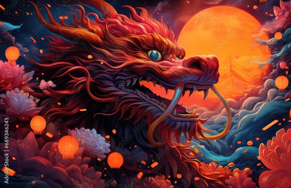 chinese dragon and red lanterns with fireworks in the background, chinese dragon and red lanterns with fireworks in the background,