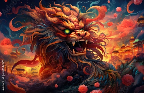 chinese dragon and red lanterns with fireworks in the background,