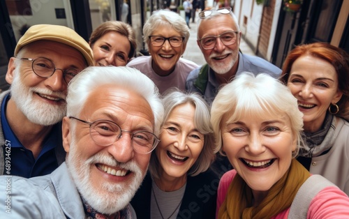 Group of happy smiling european senior people taking selfie