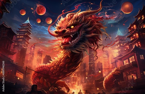 chinese dragon and red lanterns with fireworks in the background,