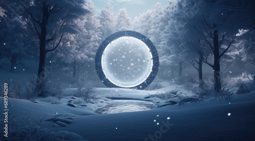 christmas frame in forest with snowflakes,