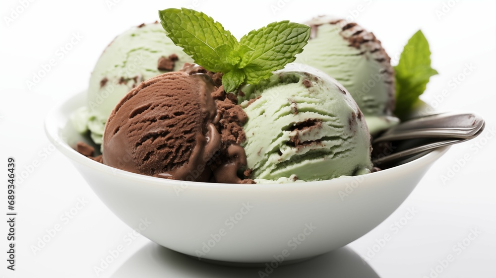 Chocolate mint ice cream balls on a white background. Chocolate mint ice cream balls on a white background.