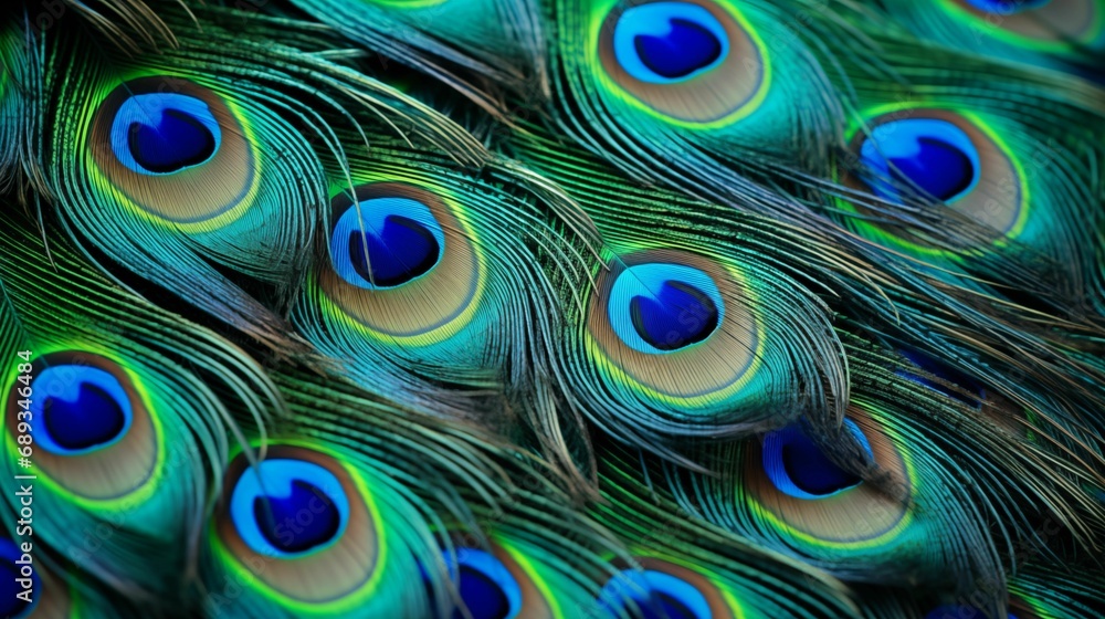 Obraz premium Close-up of peacock feathers showcasing their intricate patterns.