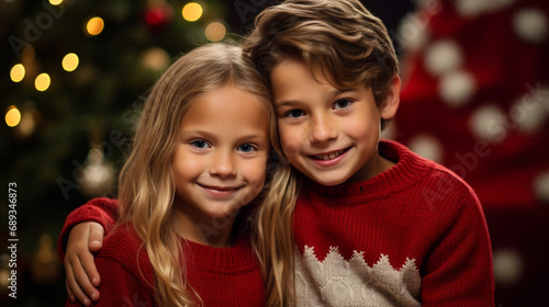 Children wearing red sweaters hugging each other on Christmas, Friendship, Bonding, and Siblings