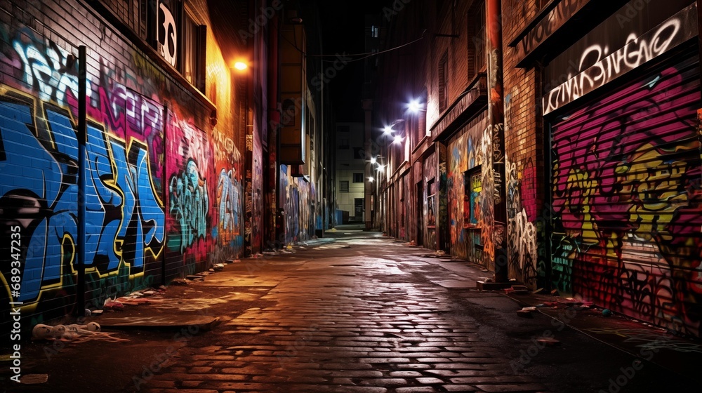 Image of a dark alley with graffiti on the walls. - obrazy, fototapety, plakaty 