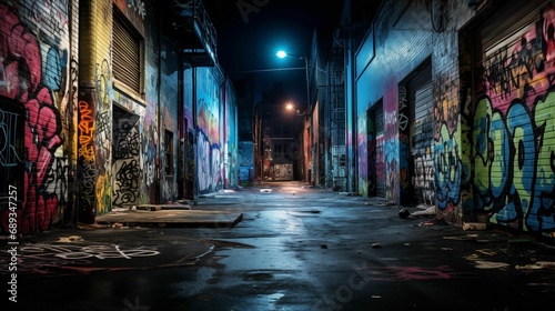 Image of a dark alley with graffiti on the walls. photo