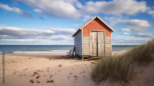 A rustic red beach hut stands alone amidst sand dunes with the calm sea in the background.