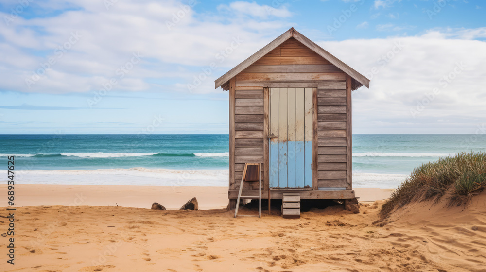 A rustic beach hut stands alone amidst sand dunes with the calm sea in the background. A rustic beach hut stands alone amidst sand dunes with the calm sea in the background.