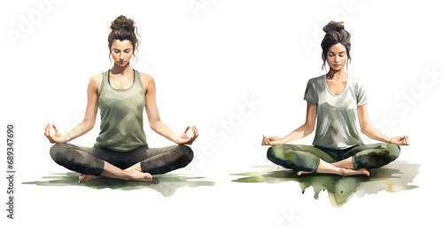 Girl doing yoga, watercolor clipart illustration with isolated background.