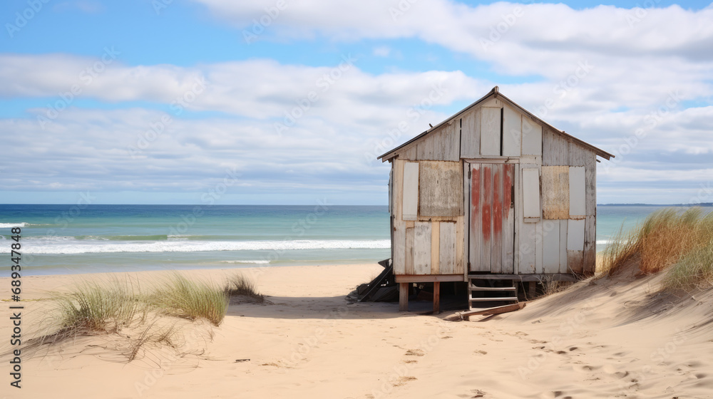 A rustic beach hut stands alone amidst sand dunes with the calm sea in the background. A rustic beach hut stands alone amidst sand dunes with the calm sea in the background.
