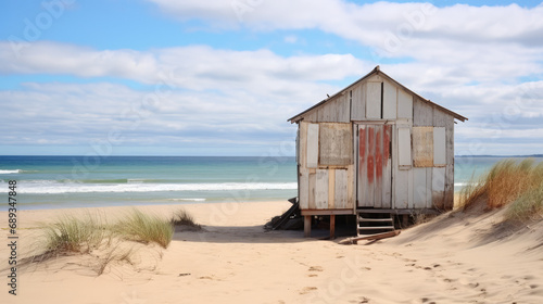 A rustic beach hut stands alone amidst sand dunes with the calm sea in the background. © Jan