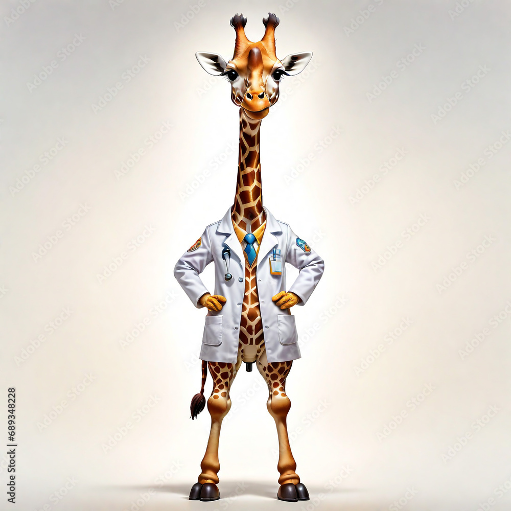 Fototapeta premium anthropomorphic caricature giraffe wearing a chemistry clothing with chemical tools