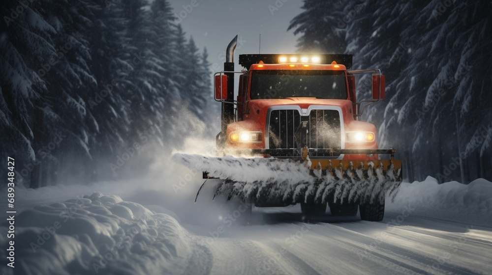 Image of a snow plow in action, diligently clearing a road after a winter snowstorm. Image of a snow plow in action, diligently clearing a road after a winter snowstorm.