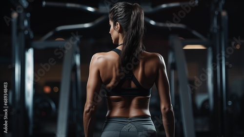 Image of a fitness woman focusing on biceps and back training in the gym.