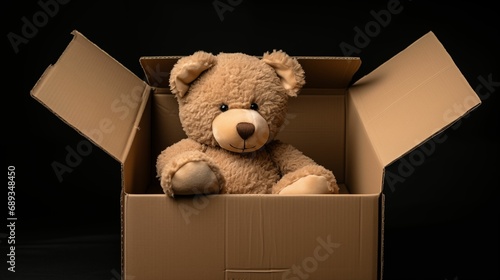 Image of a teddy bear sitting inside a cardboard box. © kept