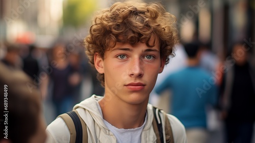Cool sad lonely young American guy standing at city street. Stylish serious pensive sensitive vulnerable ethnic rebel hipster gen z teen boy looking at camera outdoors, close up portrait. photo