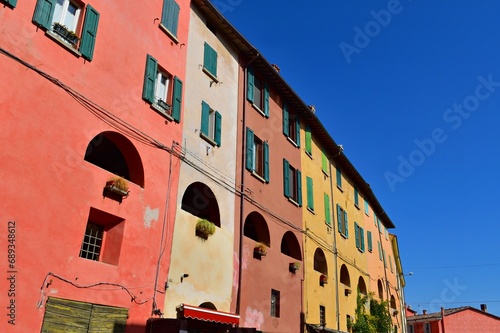 external view of the particular architecture of the elevated Via degli Asini in the medieval village of Brisighella in Emilia Romagna, Italy