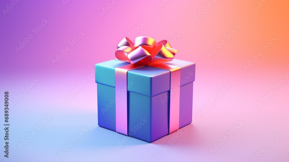 Obraz premium 3d gift box decorated with metallic ribbon bow isolated on tech style pastel gradient color background with copy space.